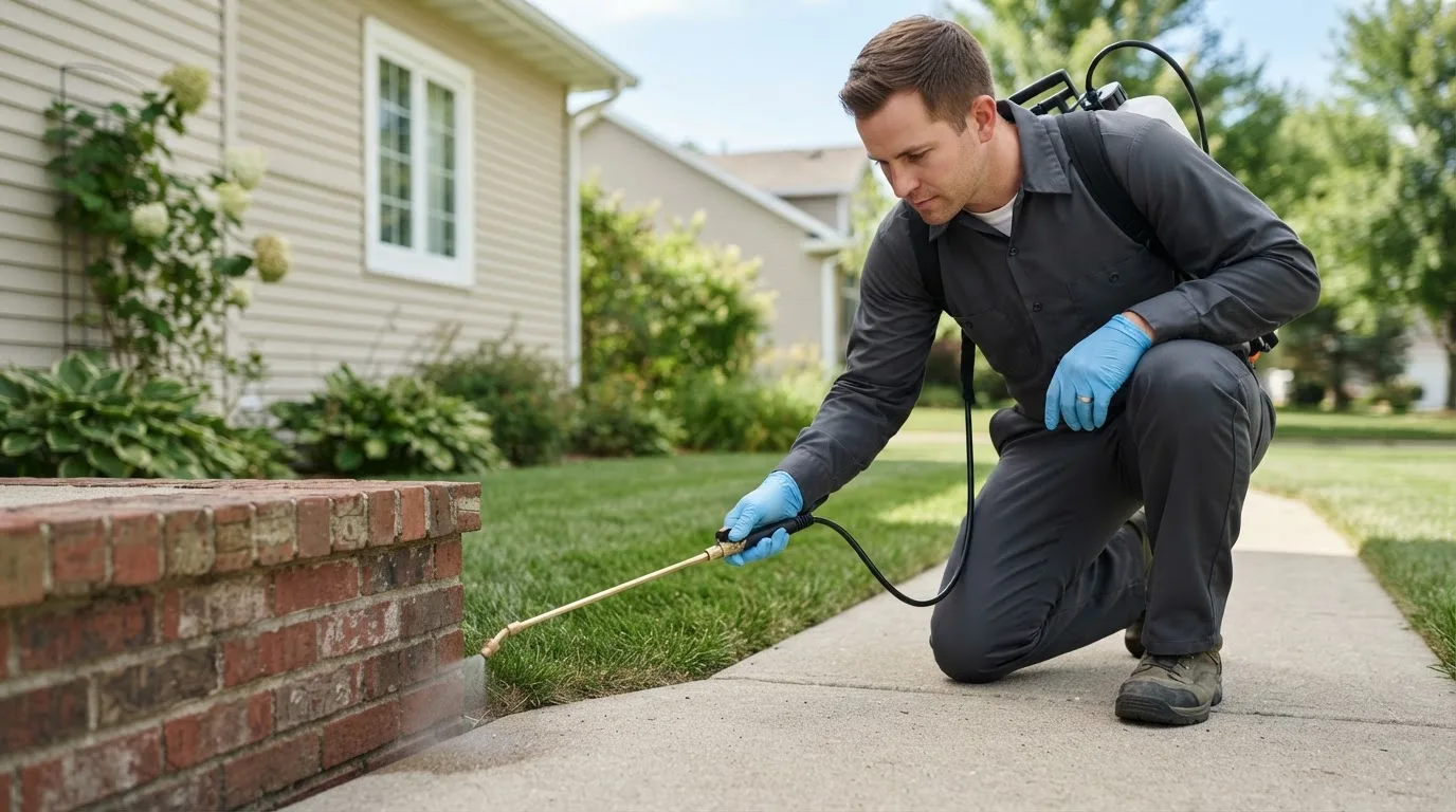 Pest control technician treating a home near Uehling, NE
