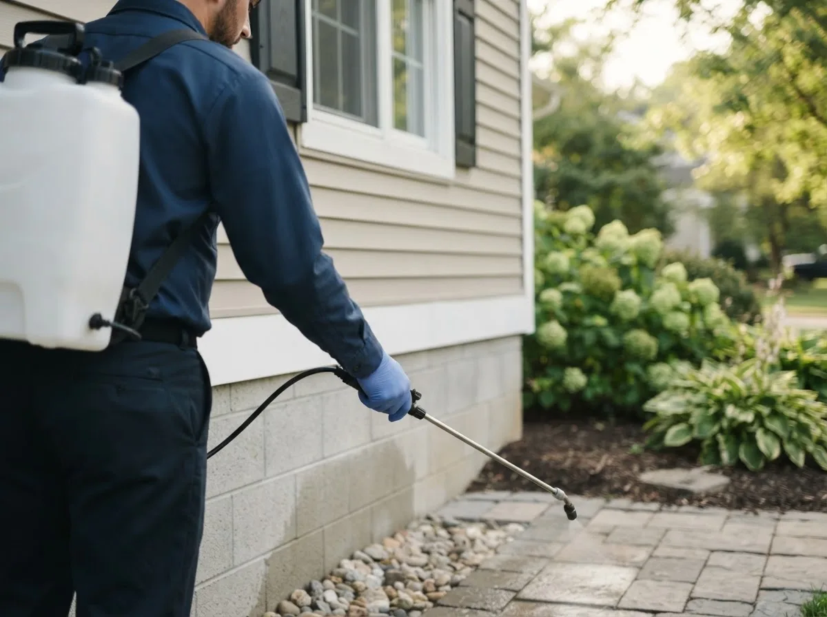 Pest control technician inspecting a home in Uehling, NE